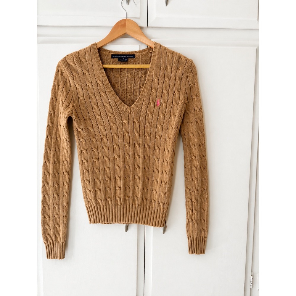 Ralph Lauren Sport Womens V-Neck Cable Knit Sweater Camel Tan Pink Pony Small